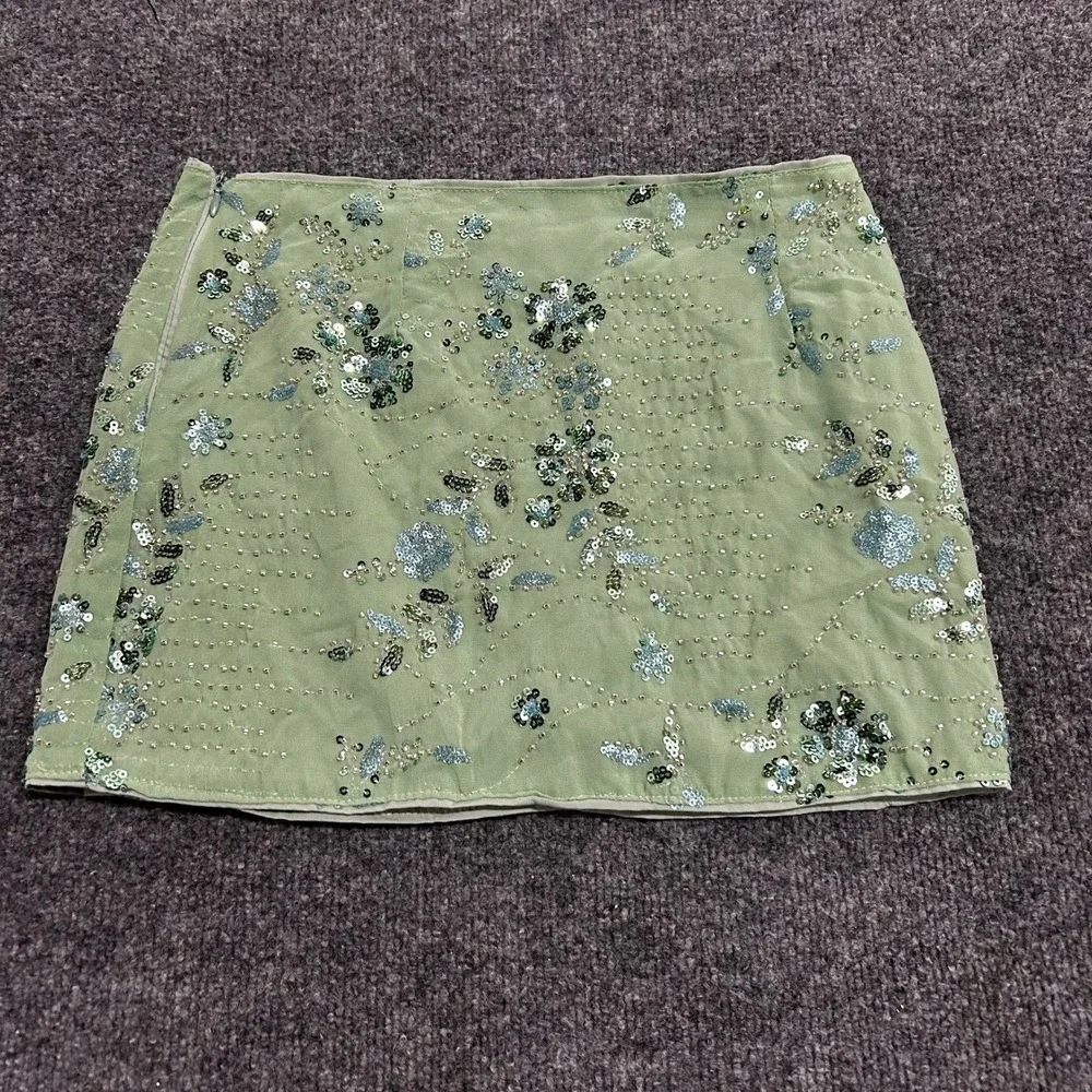 Unbranded Mini Skirt Womens Size M Sage Green Floral Sequin Beaded Y2K Party